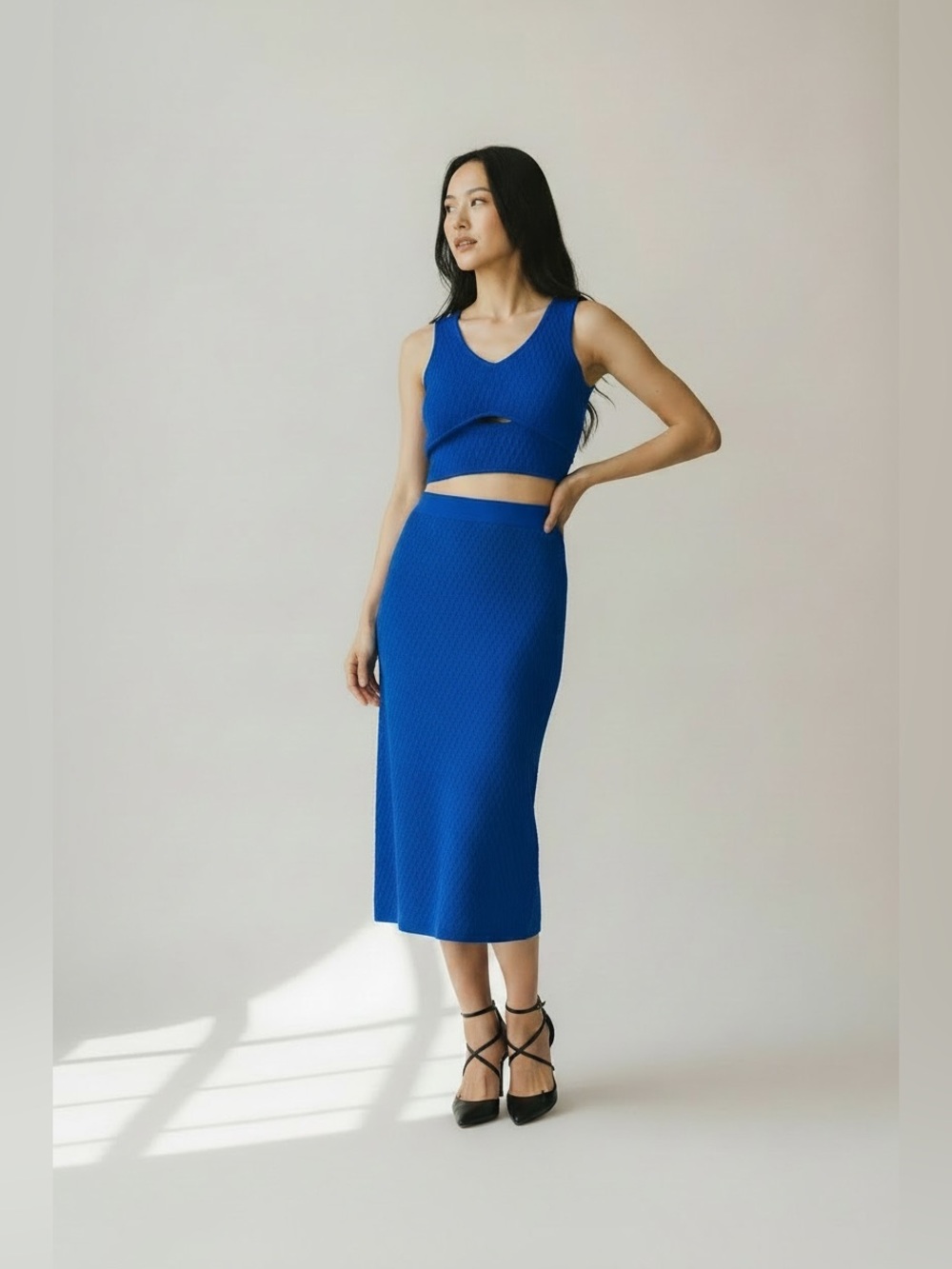Jonathan Simkhai Hex Fence Honeycomb Two Piece Skirt Suit in Royal Blue size S